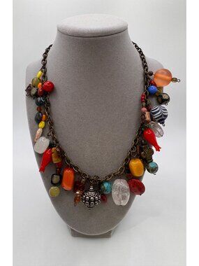 Vintage Chunky Mixed Media Charm Necklace 925 Center Glass Gemstone Dangles 17.5
